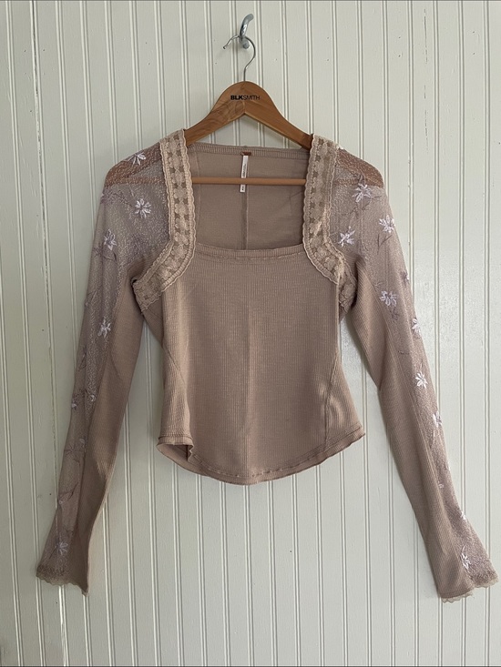 Free People Tops - Free People Lace-Trim Embroidered Long Sleeve Scoop Top - Beige